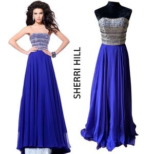 Sherri Hill 1539 Prom Dress Chiffon Royal Blue Beaded Floor Length Gown Size 0